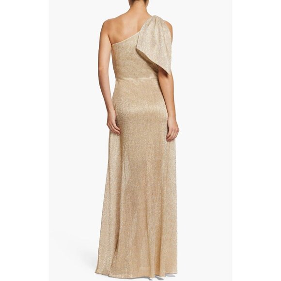 DRESS THE POPULATION Savannah Gold Lame One Shoulder Bow Gown Maxi Dress, Size S - Picture 3 of 13